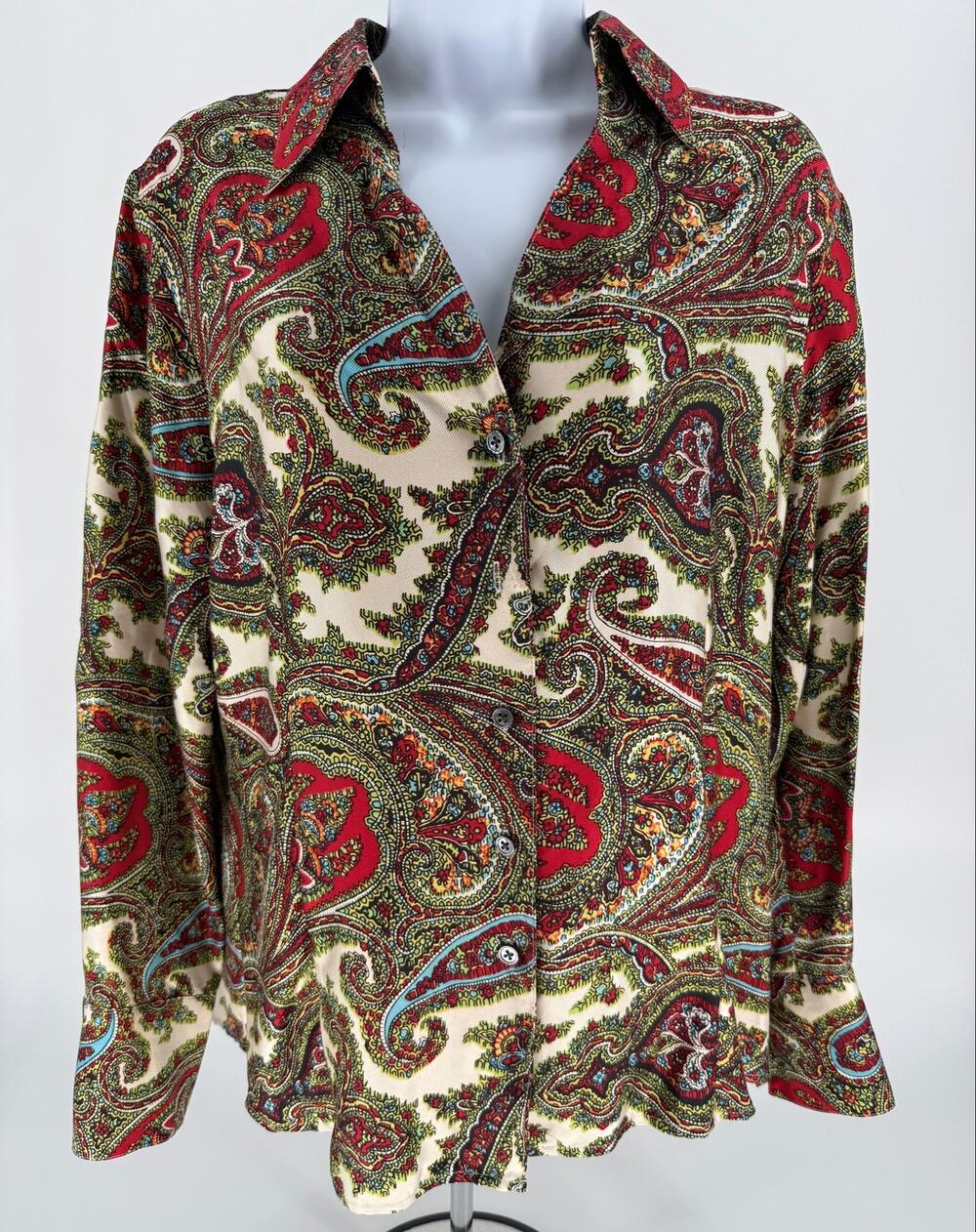 Talbots Pure Silk Blouse Womens 14 Paisley Button Down Long Sleeve Boho Shirt